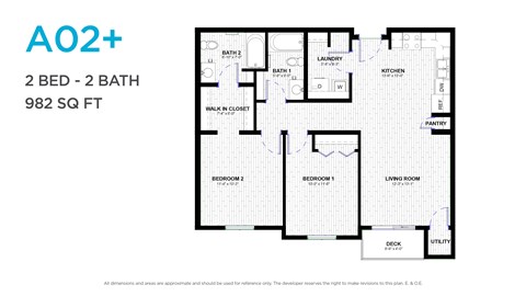 Floor plan for 2 beds, 2 baths, 913 sqft